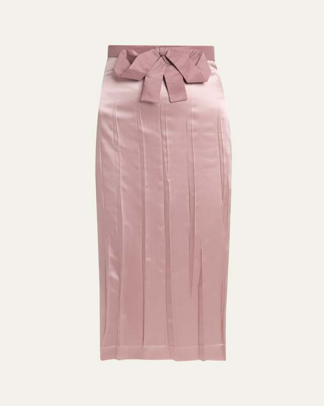 Bow Pleated Satin Midi Skirt